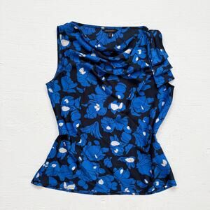 Banana Republic Cowl Neck Floral Top S Blue Sleeveless Workwear Blouse